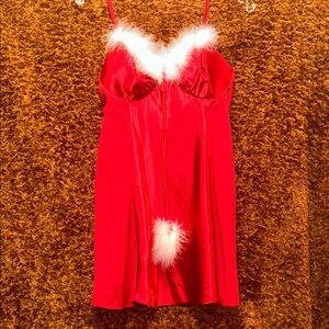 Bay Studio Red Satin Chemise with White Fluffy Accents
